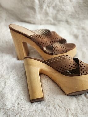 Veronica Beard Brown Suede Laser-Cut Platform Mules